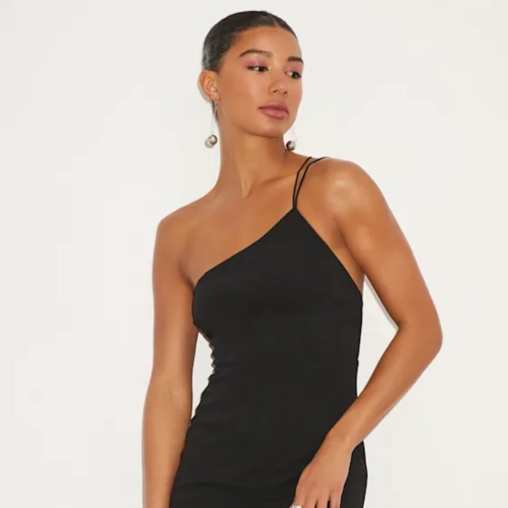 Lulus Happiest Hour Black Asymmetrical Bodycon Midi Dress